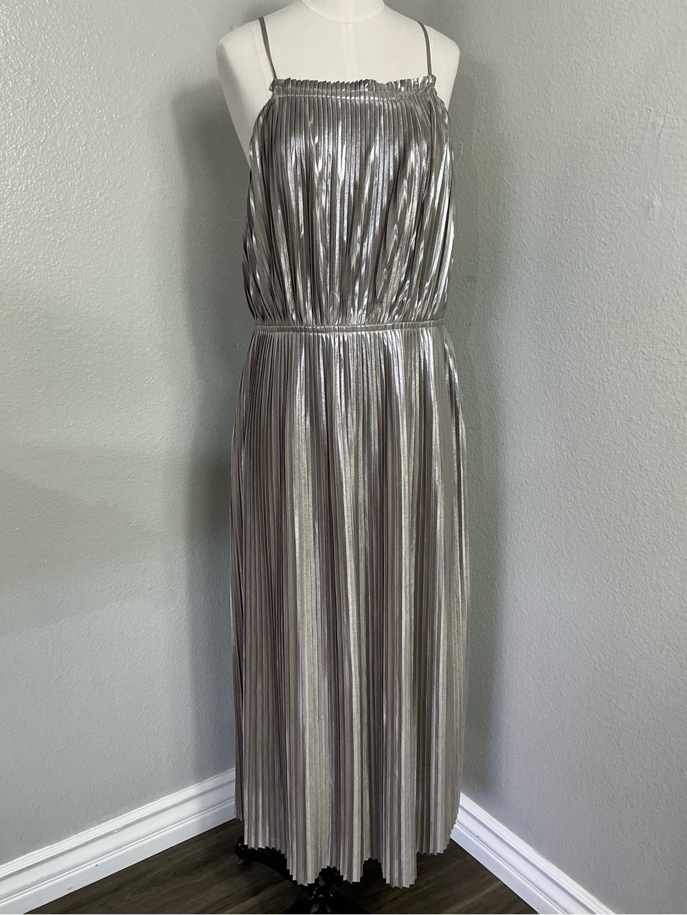Banana Republic Metallic Pleated Maxi Dress Silver Champagne Size 10
